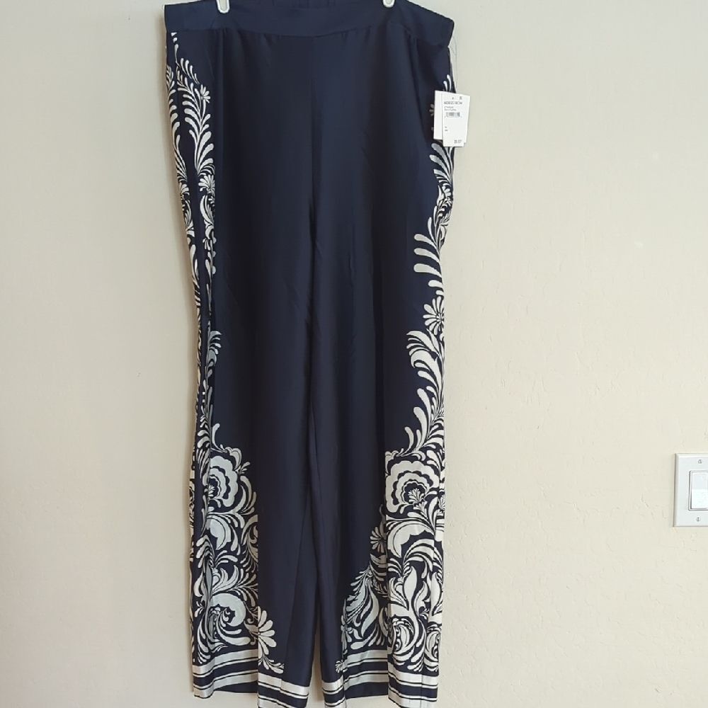 NWT Ellen Tracy Wide Leg Pull On Pants Navy Blue White Floral - Size XL